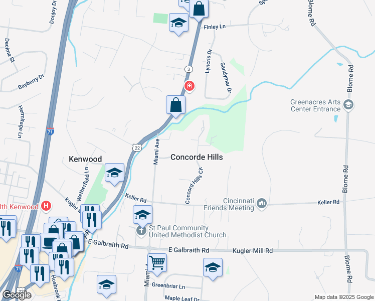 map of restaurants, bars, coffee shops, grocery stores, and more near 7820 Concord Hills Lane in Cincinnati
