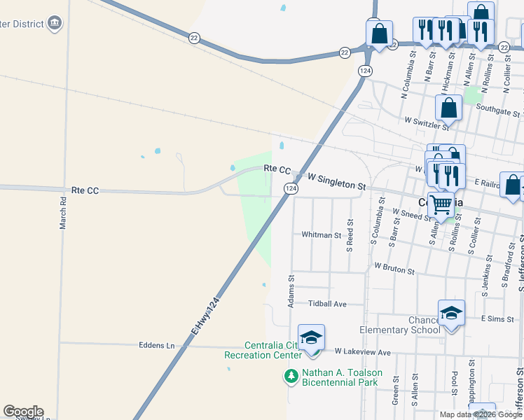 map of restaurants, bars, coffee shops, grocery stores, and more near 11570 East Rodney Griffin Street in Centralia