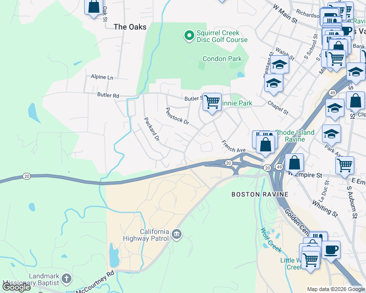 map of restaurants, bars, coffee shops, grocery stores, and more near 125 Melissa Court in Grass Valley