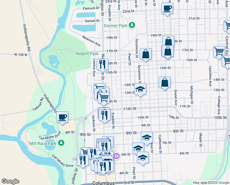 map of restaurants, bars, coffee shops, grocery stores, and more near 1315 Franklin Street in Columbus
