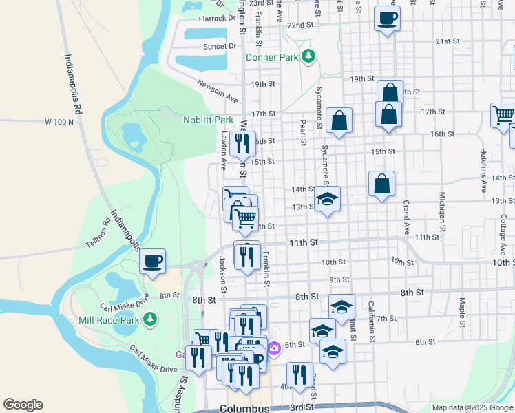 map of restaurants, bars, coffee shops, grocery stores, and more near 1315 Franklin Street in Columbus