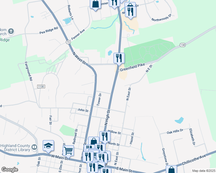 map of restaurants, bars, coffee shops, grocery stores, and more near 723 North High Street in Hillsboro
