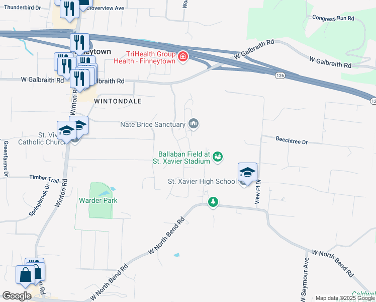 map of restaurants, bars, coffee shops, grocery stores, and more near 7770 Fancycab Court in Cincinnati