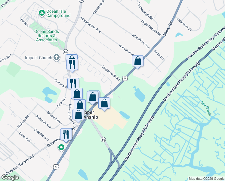 map of restaurants, bars, coffee shops, grocery stores, and more near 2053 U.S. 9 in Cape May County