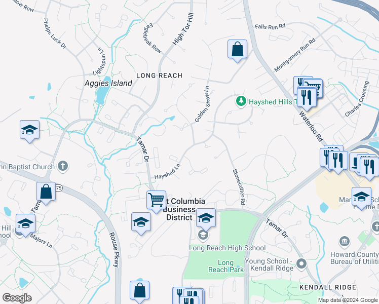 map of restaurants, bars, coffee shops, grocery stores, and more near 8699 Hayshed Lane in Columbia