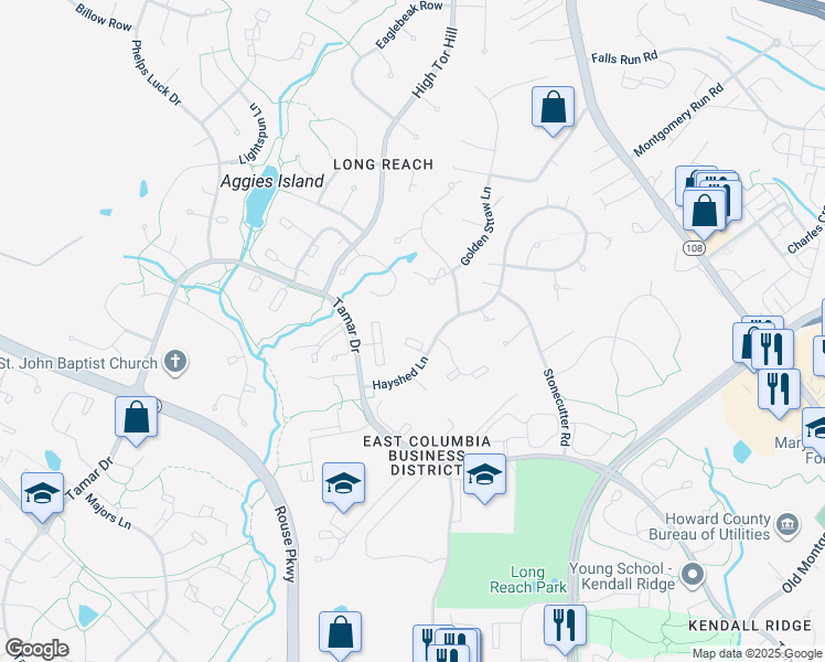 map of restaurants, bars, coffee shops, grocery stores, and more near 8716 Hayshed Lane in Columbia