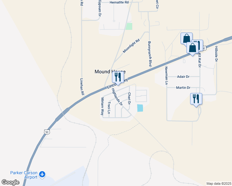 map of restaurants, bars, coffee shops, grocery stores, and more near 192 James Court in Mound House