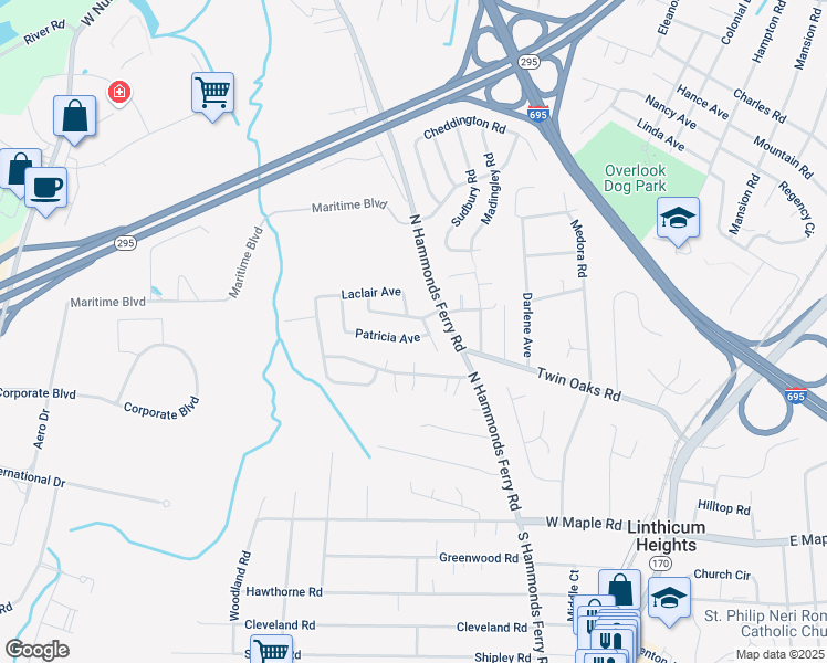 map of restaurants, bars, coffee shops, grocery stores, and more near 103 Patricia Avenue in Linthicum Heights