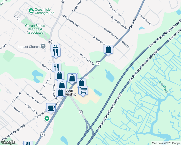 map of restaurants, bars, coffee shops, grocery stores, and more near 2053 U.S. 9 in Cape May County