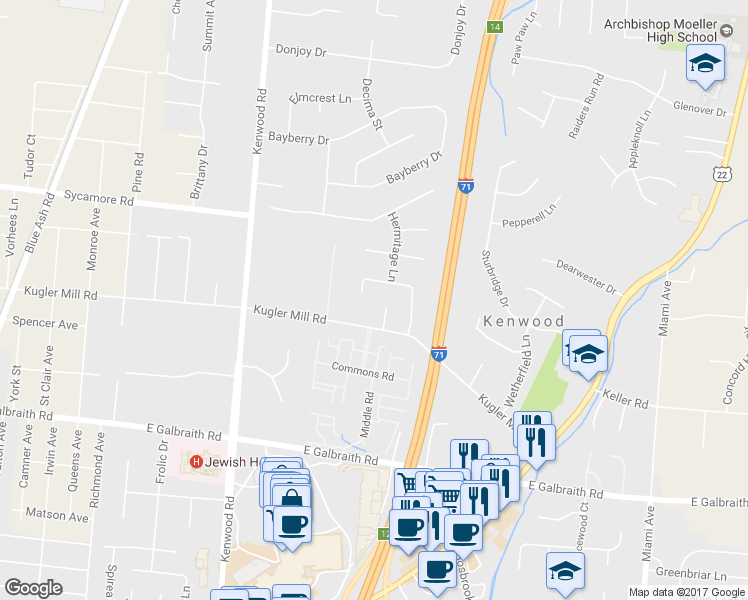 map of restaurants, bars, coffee shops, grocery stores, and more near 5705 Charteroak Drive in Cincinnati