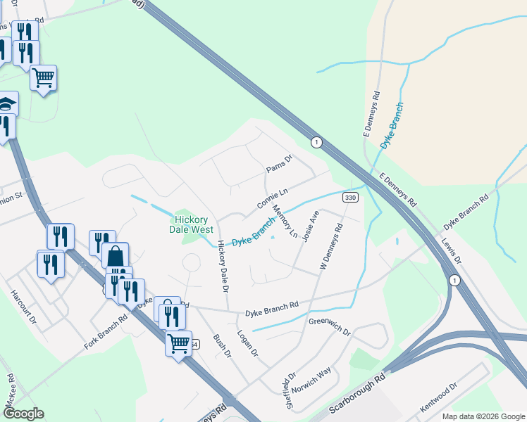 map of restaurants, bars, coffee shops, grocery stores, and more near 201-299 Memory Lane in Dover