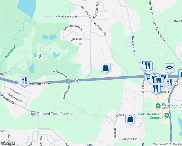 map of restaurants, bars, coffee shops, grocery stores, and more near 6416 Northwest Blair Road in Kansas City
