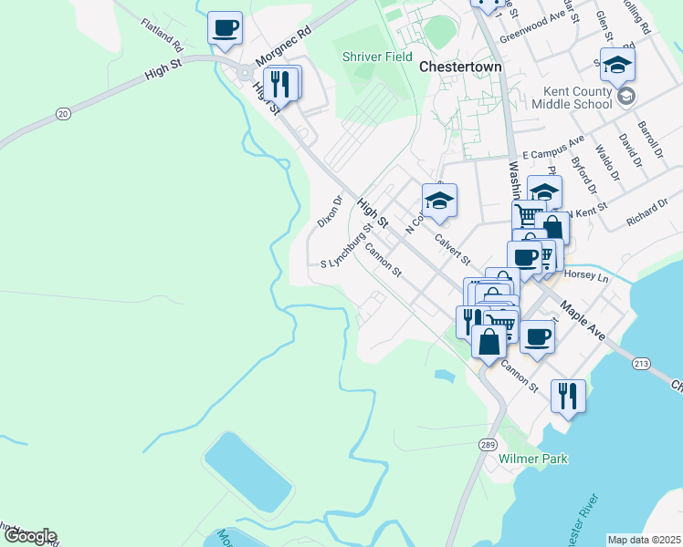 map of restaurants, bars, coffee shops, grocery stores, and more near 115 South Lynchburg Street in Chestertown