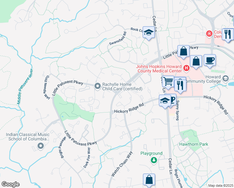 map of restaurants, bars, coffee shops, grocery stores, and more near 11385 Little Patuxent Parkway in Columbia