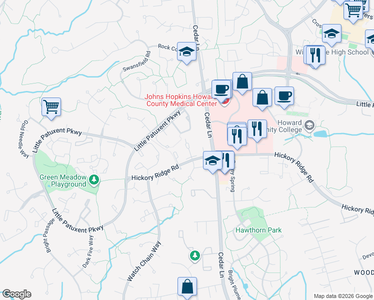 map of restaurants, bars, coffee shops, grocery stores, and more near 11232 Snowflake Court in Columbia