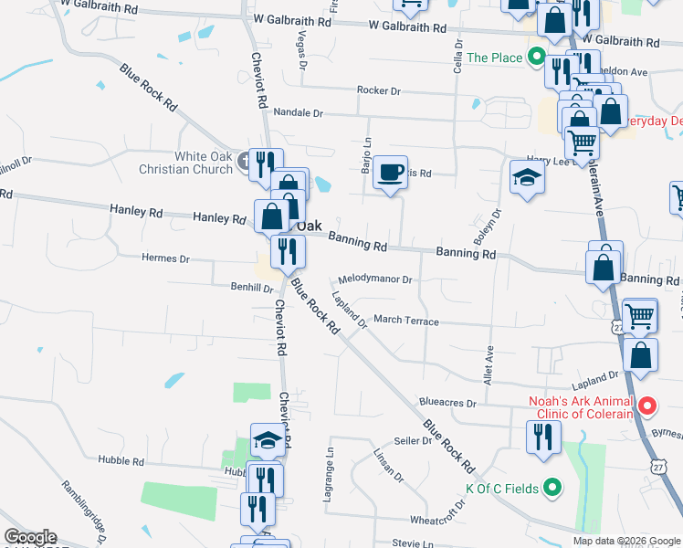 map of restaurants, bars, coffee shops, grocery stores, and more near 3486 Melodymanor Drive in Cincinnati