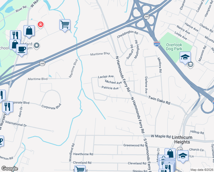 map of restaurants, bars, coffee shops, grocery stores, and more near 115 Patricia Avenue in Linthicum Heights