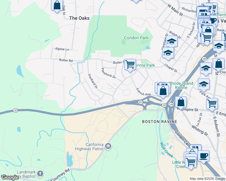 map of restaurants, bars, coffee shops, grocery stores, and more near 125 Melissa Court in Grass Valley