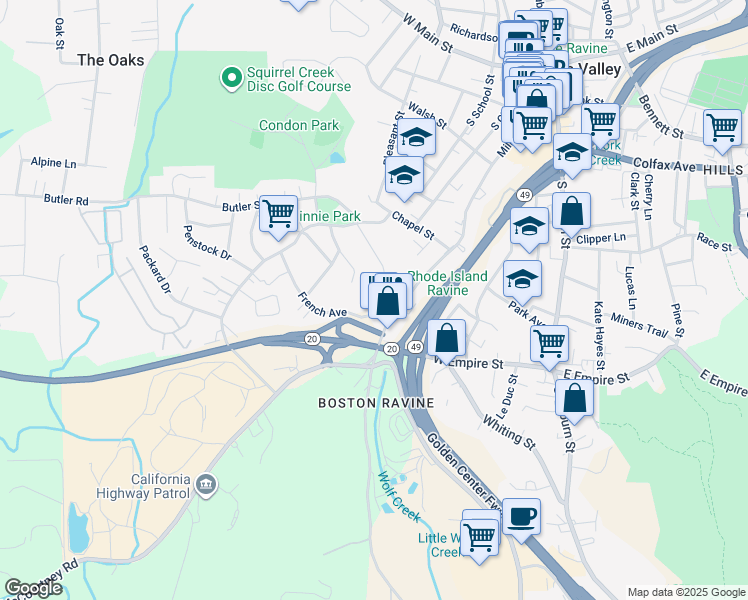 map of restaurants, bars, coffee shops, grocery stores, and more near 226 Rhode Island Street in Grass Valley