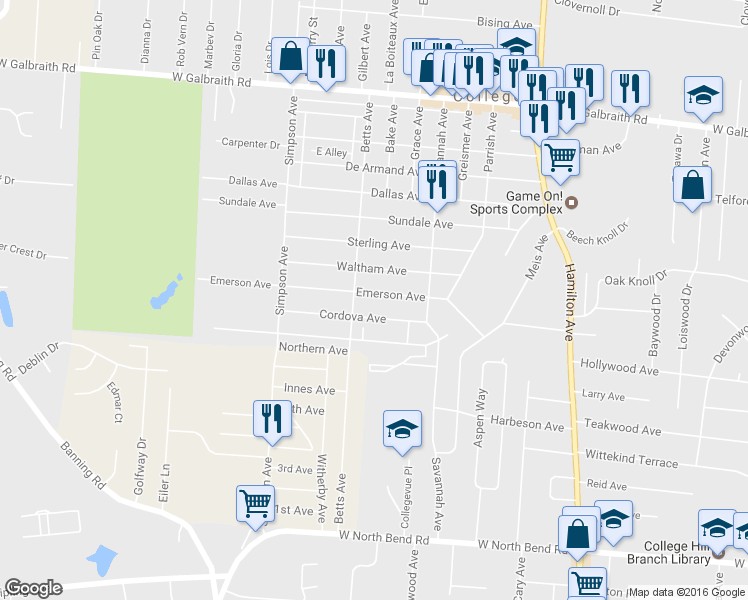 map of restaurants, bars, coffee shops, grocery stores, and more near 1831 Emerson Avenue in Cincinnati