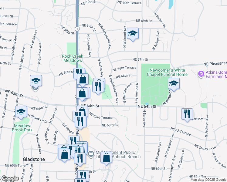 map of restaurants, bars, coffee shops, grocery stores, and more near 6500 North Bellefontaine Avenue in Gladstone