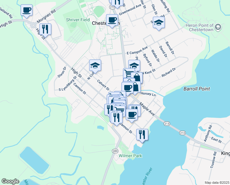 map of restaurants, bars, coffee shops, grocery stores, and more near 200 Calvert Street in Chestertown