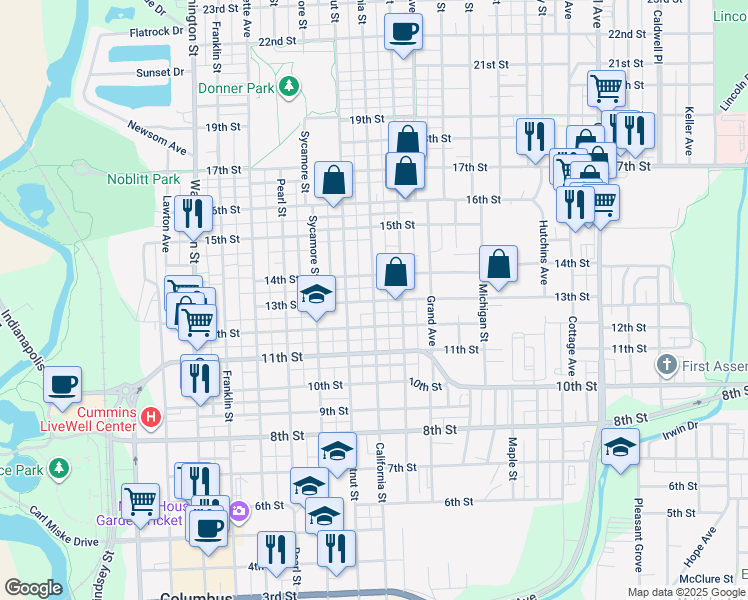 map of restaurants, bars, coffee shops, grocery stores, and more near 1302 California St in Columbus