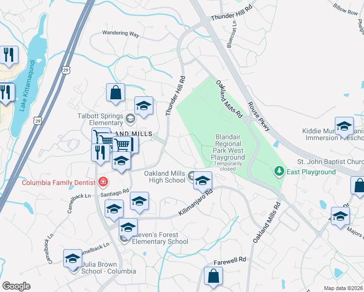 map of restaurants, bars, coffee shops, grocery stores, and more near 9463 Riverark Road in Columbia