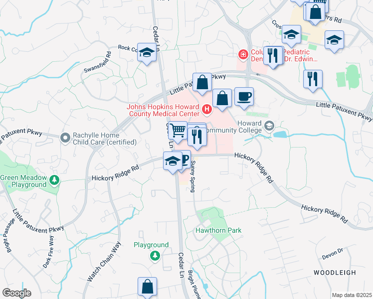 map of restaurants, bars, coffee shops, grocery stores, and more near 10778 Hickory Ridge Road in Columbia