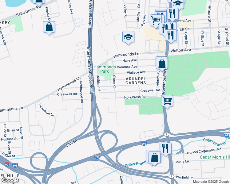 map of restaurants, bars, coffee shops, grocery stores, and more near Olson Road in Brooklyn Park