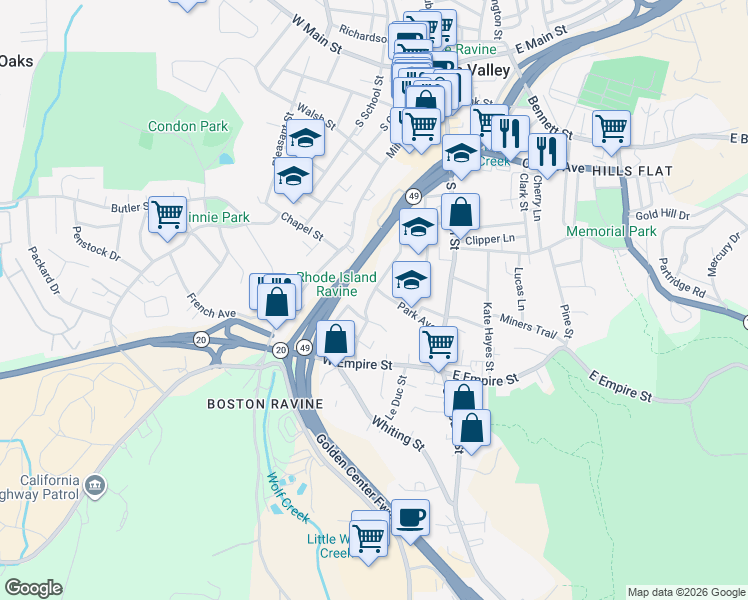 map of restaurants, bars, coffee shops, grocery stores, and more near 173 Park Avenue in Grass Valley
