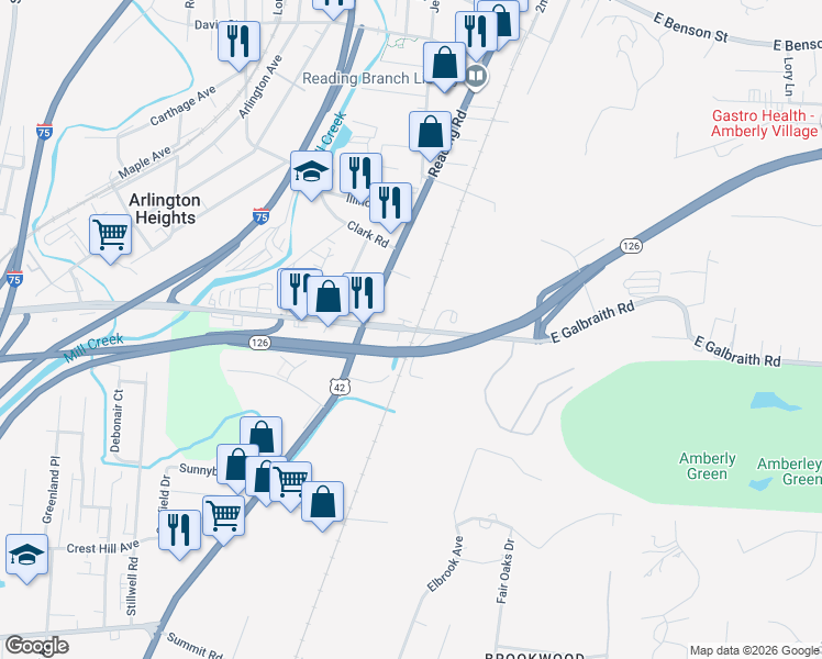 map of restaurants, bars, coffee shops, grocery stores, and more near 2015 East Galbraith Road in Cincinnati