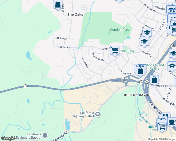 map of restaurants, bars, coffee shops, grocery stores, and more near 556 Packard Drive in Grass Valley