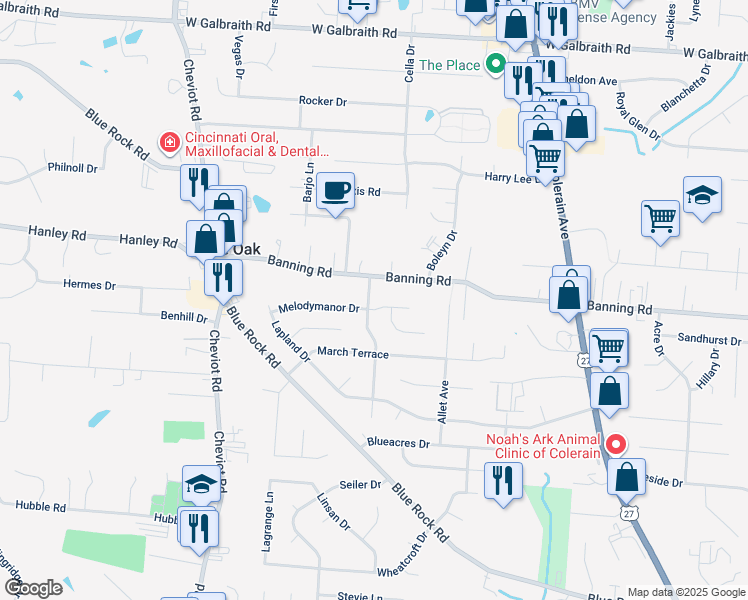 map of restaurants, bars, coffee shops, grocery stores, and more near 7028 Newbridge Drive in Cincinnati