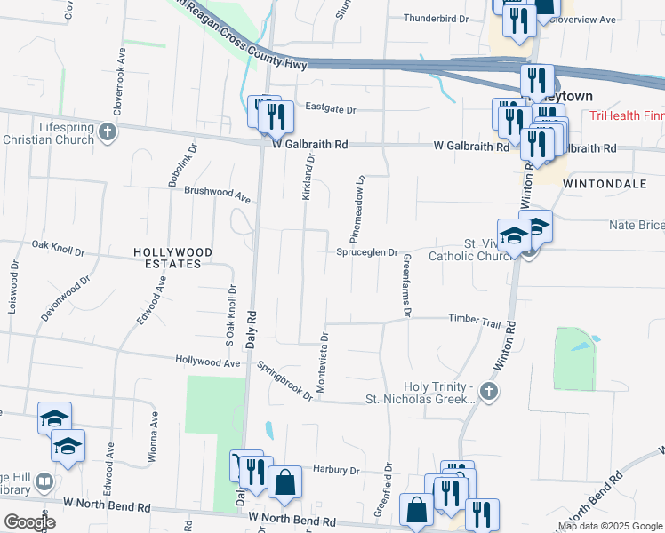 map of restaurants, bars, coffee shops, grocery stores, and more near 6642 Plantation Way in Cincinnati
