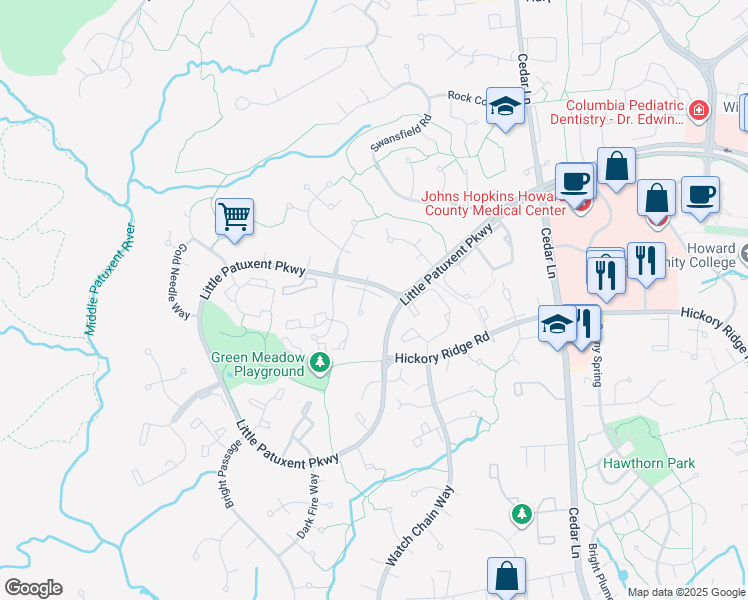 map of restaurants, bars, coffee shops, grocery stores, and more near 12201 Bonnet Brim Course in Columbia