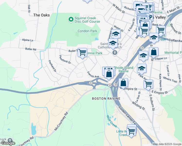 map of restaurants, bars, coffee shops, grocery stores, and more near 549 Jenkins Street in Grass Valley