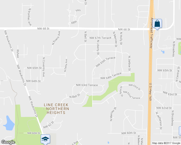map of restaurants, bars, coffee shops, grocery stores, and more near 6446 North Genessee Street in Kansas City