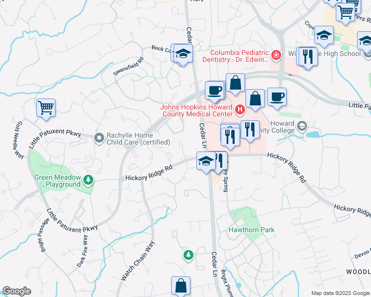 map of restaurants, bars, coffee shops, grocery stores, and more near 11233 Snowflake Court in Columbia