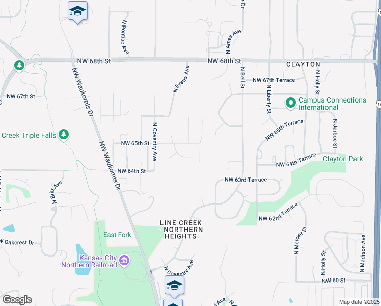 map of restaurants, bars, coffee shops, grocery stores, and more near 6490 North Delta Avenue in Kansas City