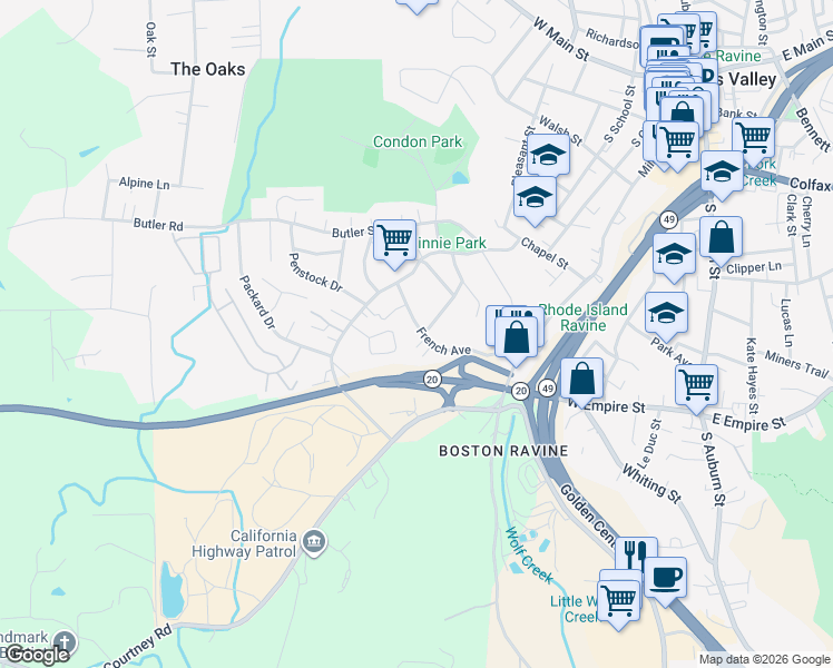 map of restaurants, bars, coffee shops, grocery stores, and more near 409 French Avenue in Grass Valley