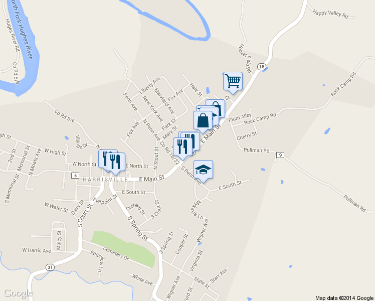 map of restaurants, bars, coffee shops, grocery stores, and more near 915 E Main St in Harrisville