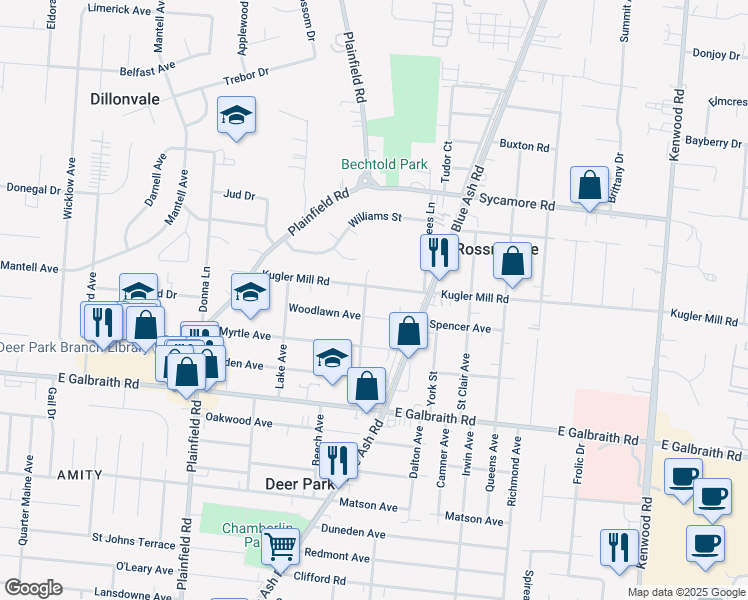 map of restaurants, bars, coffee shops, grocery stores, and more near 8418 Beech Avenue in Cincinnati