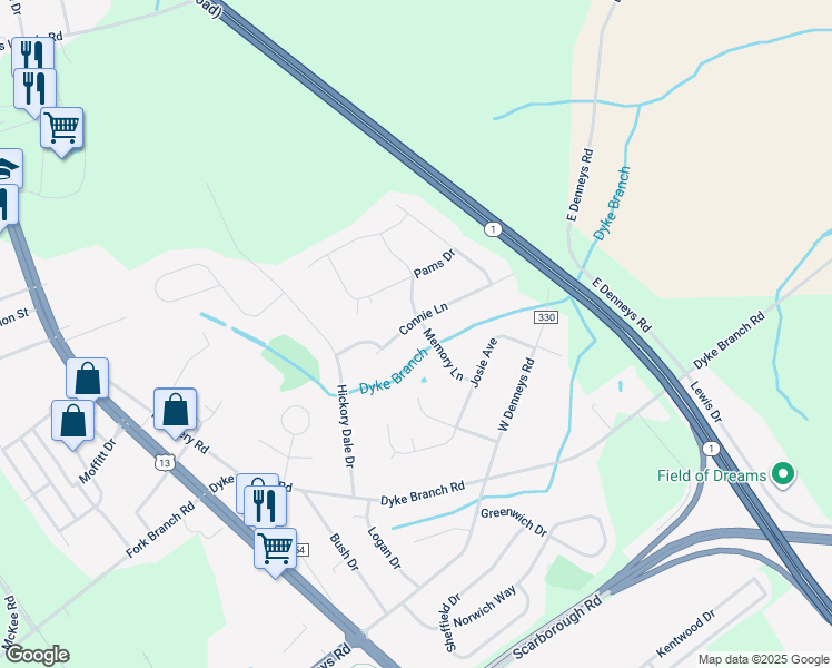 map of restaurants, bars, coffee shops, grocery stores, and more near 74 Connie Lane in Dover