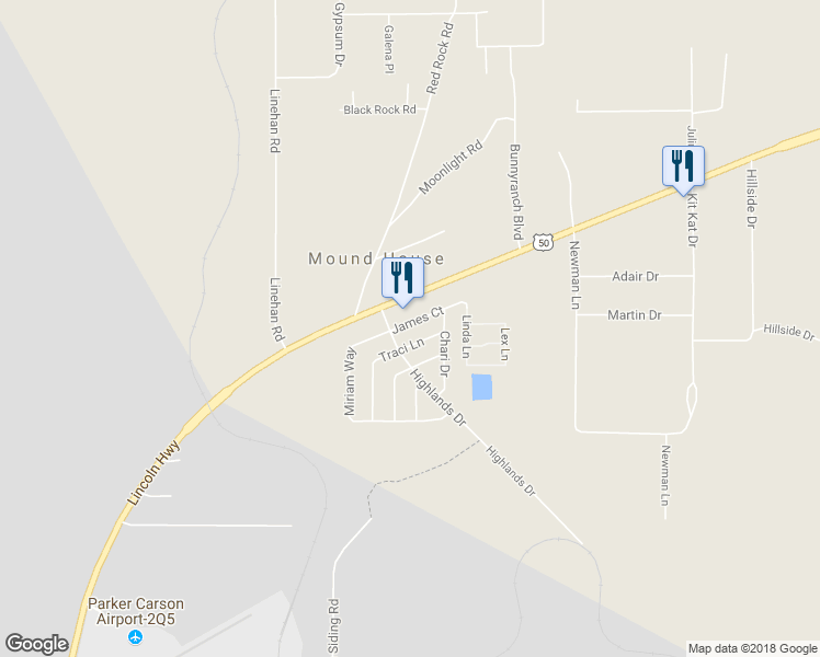 map of restaurants, bars, coffee shops, grocery stores, and more near 192 James Court in Mound House