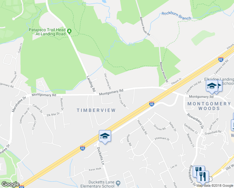 map of restaurants, bars, coffee shops, grocery stores, and more near 5790 Hunt Club Road in Elkridge