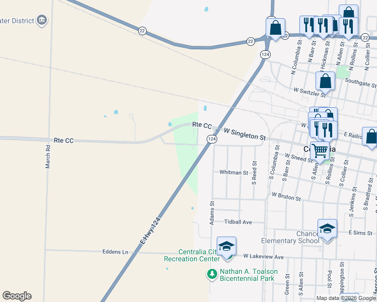 map of restaurants, bars, coffee shops, grocery stores, and more near 11570 East Rodney Griffin Street in Centralia