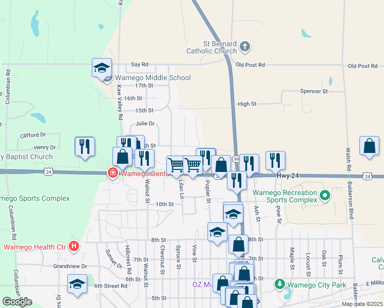 map of restaurants, bars, coffee shops, grocery stores, and more near 1009 14th Street in Wamego