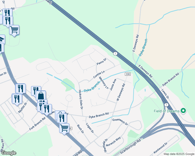map of restaurants, bars, coffee shops, grocery stores, and more near 74 Connie Lane in Dover