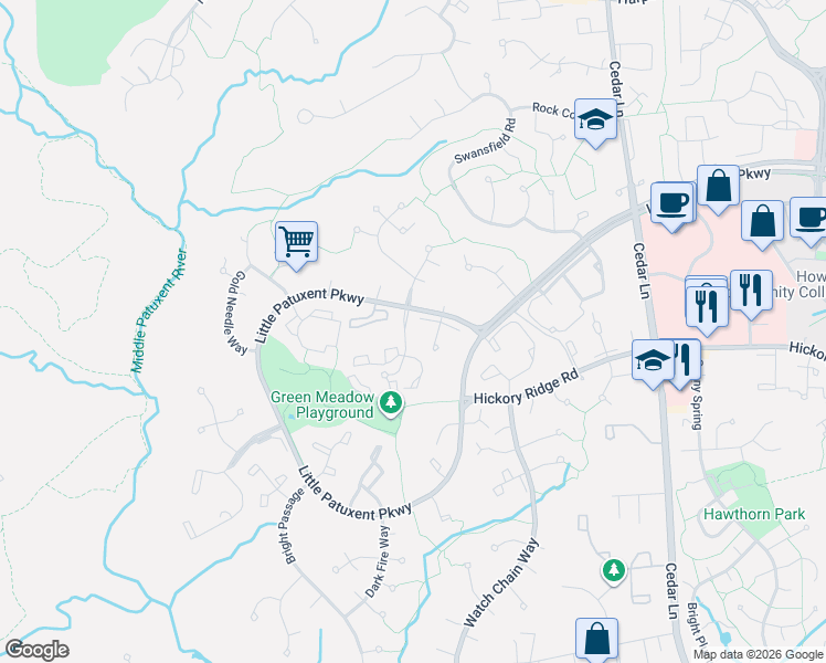 map of restaurants, bars, coffee shops, grocery stores, and more near 12227 Green Meadow Drive in Columbia
